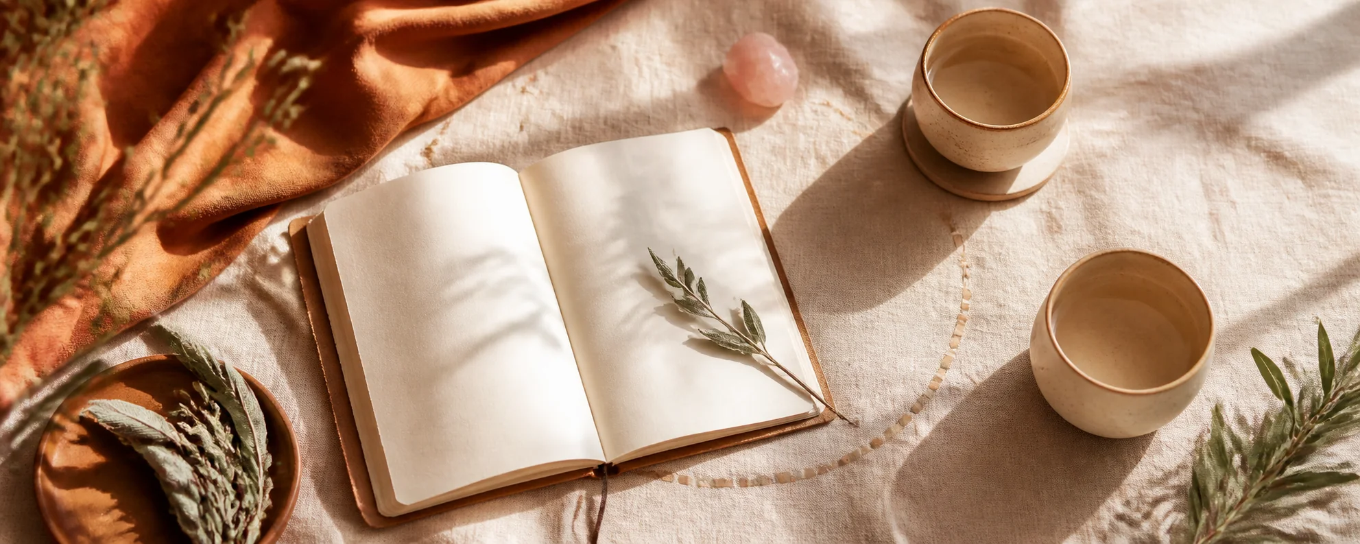 a warm linen still life with an open blank journal, dried sage, rose quartz, and two ceramic cups in morning light